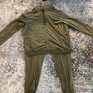 White Mark Olive Green Velour Zip Jacket and Joggers Set